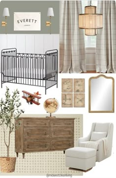 a baby's room with furniture and decor in shades of gray, beige, and white