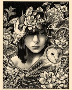 a black and white drawing of a woman with flowers on her head holding an owl