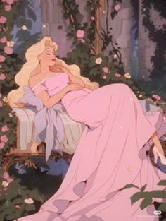 a woman in a pink dress sitting on a bench surrounded by flowers and vines with her eyes closed