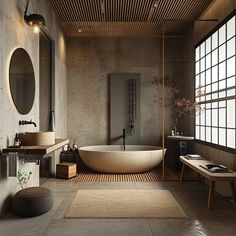 a bathroom with a large bathtub next to a sink and mirror on the wall