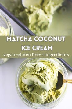 matcha coconut ice cream is in a glass bowl with spoons on the side