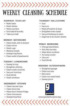 the weekly cleaning schedule is shown here