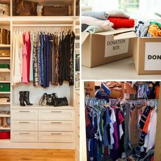 the closet is full of clothes, shoes and other items for donations to children in need