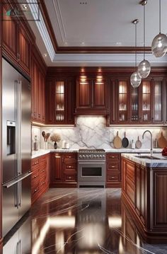 a kitchen with marble counter tops and wooden cabinets