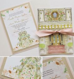 the wedding stationery is decorated with flowers and greenery, including an ornate door