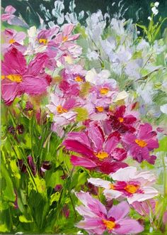 a painting of pink and white flowers in the grass with green leaves on it's side