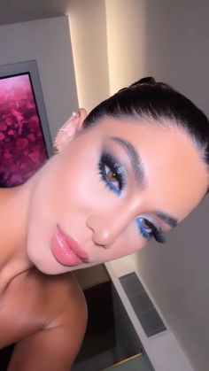 Glam Blue Eye Makeup, Blue On Brown Eyes, Blue Glam Outfit, Wedding Blue Makeup, Nail For Blue Dress, Makeup For A Blue Outfit, Blue Eye Looks For Brown Eyes, Makeup To Match Light Blue Dress, Blue Makeup Looks For Brown Eyes