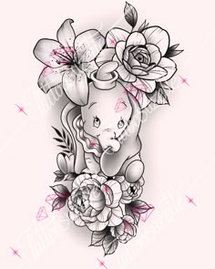 an elephant and flowers tattoo design on the back of a woman's shoulder,