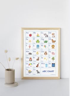 the abc chart is next to a vase with flowers in it and a white wall behind it