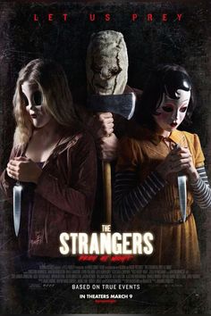 the strangers movie poster with two women holding an ax in front of a creepy mask