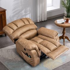 a living room with a recliner and coffee table