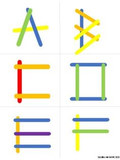 four different colored pencils are arranged in the shape of letters