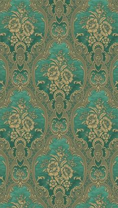 a green and gold wallpaper with an ornate design