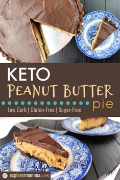 keto peanut butter pie with chocolate frosting on top and two slices cut out