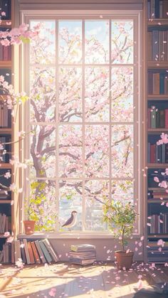 a room with bookshelves and flowers in the window