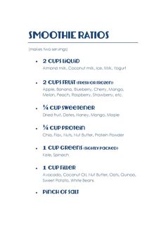 the ingredients for smoothie raits are shown in blue and white text on a white background