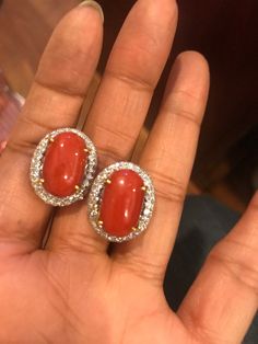 Luxury Red Oval Earrings, Luxury Coral Jewelry For Formal Occasions, Red Diamond Hallmarked Earrings, Red Diamond Gemstone Earrings, Luxury Red Gemstone Earrings, Luxury Red Diamond Earrings For Gift, Luxury Red Diamond Earrings As Gift, Red Luxury Diamond Earrings As Gift, Red Polished Fine Jewelry Earrings