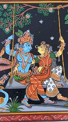 barehand_creations on Instagram: Hello friends🙏 wall decor painting of 🏵️ Radhakrishna dola🏵️ Hand painted with perfection Acrylic paint on silk Size 11"/20"🏵️ Status -… Radha Krishna Pattachitra Painting, Patta Chitra Paintings, Cheriyal Art, Patachitra Art, Friends Wall Decor, Ancient Indian Paintings, Deities Art, God Painting