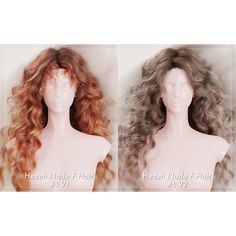 two wigs with different colored hair are shown side by side on a mannequin's head