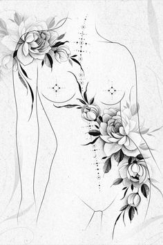 a woman's back with flowers on it and the outline of her body in black and white