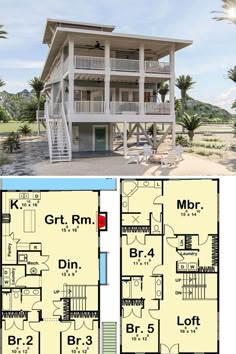 two story house plans with lofts on each floor and stairs to the second level