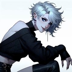 a drawing of a woman with white hair and blue eyes sitting on the ground wearing black pants