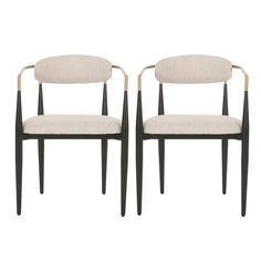 a pair of chairs with black legs and beige upholstered seats