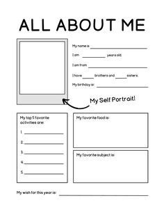 an all about me worksheet with the words,'my self portrait '