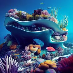 an underwater scene with corals and other marine life on the bottom half of it