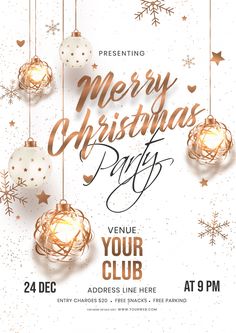 merry christmas party flyer with hanging ornaments