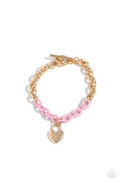 Infused with splashes of pink chain, a high-sheen gold chain dances around the wrist for a spunky industrial statement. A dainty hammered gold lock pendant graces the bottom of the bracelet, further infusing the design with a touch of romanticism. Features a toggle clasp closure. Sold as one individual bracelet. Pink Chain, Lock Pendant, Latest Jewellery Trends, Lock Necklace, Hammered Gold, Pink Necklace, Paparazzi Accessories, Latest Jewellery, Black Chain