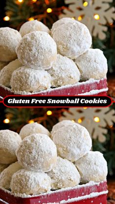 two pictures of snowball cookies stacked on top of each other in front of a christmas tree