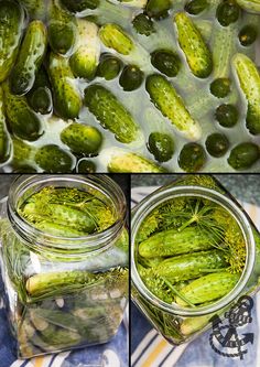 pickles are being put into a jar and placed in the water to cool them off