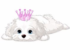 a little white dog with a pink crown on its head is laying down and looking at the