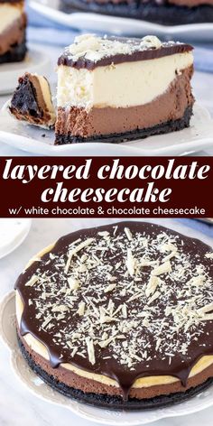 layered chocolate cheesecake with white chocolate and chocolate shavings on the top is shown