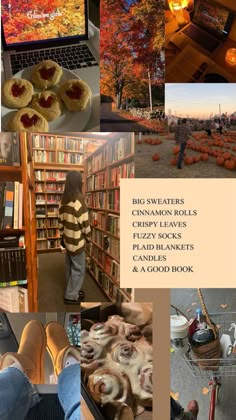 a collage of images with pumpkins, books, and other things in the background