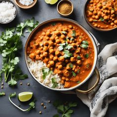 two bowls filled with chickpeas and rice next to cilantro