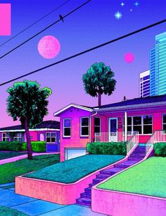 a painting of a pink house with trees and buildings in the background at night time