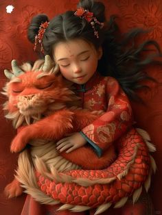 a painting of a girl holding a dragon and hugging it's face with her eyes closed