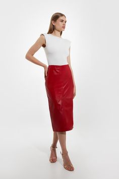 Experience Updated Wardrobe Essentials With Our Midi Skirt, Made In Supple Leather, With A Fitted Silhouette And A High Waistline, Creating A Universally Flattering Fit. Style This Piece With Anything, From A Blouse And Strappy Heels, To A Knit Jumper, Tights, And Boots. Leather Panel Pencil Midi Skirt High Quality, Soft Leather  Sleek, Minimal Design Comfortable High Waistline Flattering Figure Hugging Silhouette Midi Length Pocket Features Zip Fastening In Back Red Leather Pencil Skirt Outfit, Red Midi Lined Skirt, Relaxed Red Lined Pencil Skirt, Red Relaxed Fit Midi Skirt, Red Leather Skirt Midi, Petite Business Casual, Hen Do Outfits, Workwear Capsule Wardrobe, Tall Skirt