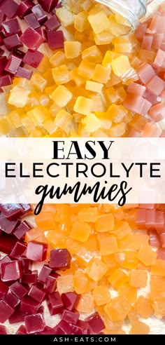 the words easy electrolyte gummies are shown in front of an assortment of gummy