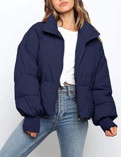 new with tags $80 navy blue  DARK NAVY BLUE COLOR women's puffer jacket MEROKEETY Women's Winter Long Sleeve Zip Puffer Jacket Pockets Baggy Short Down Coats Full Polyester Imported Zipper closure Machine Wash Size Guide:  S=US 4-6 Unique Design: Windproof puffer coat, soft and warm padded, ribbed knit cuffs, full zipper, side zipper pockets for essential storage, stand-up collar, solid color, cropped length, oversized style, winter coat outwear for wintry days. What a good puffer down coat, not Blue Puffer Jacket Outfit, Navy Jacket Outfit, Winter Jacket Outfits, Blue Winter Coat, Affordable Outfits, Puffer Jacket Outfit, Jacket Outfit Women, Blue Puffer Jacket, Fall Trends Outfits