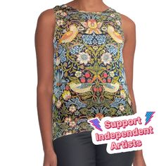 Women's sleeveless tank with vivid edge-to-edge sublimation print on front. Spliced materials for comfort. Front panel made from silky chiffon and solid color black or white jersey back. Sizes available XS- 2XL. William Morris Strawberry Thief Design 1883, william, floral, morris, nouveau, pattern, strawberry, strawberry thief, thief, william morris, arts and crafts, patterns, birds, design 1883 william, william morris patterns William Morris Arts And Crafts, William Morris Strawberry Thief, William Morris Patterns, Birds Design, Strawberry Thief, White Jersey, William Morris, Sleeveless Tank, Sleeveless Top