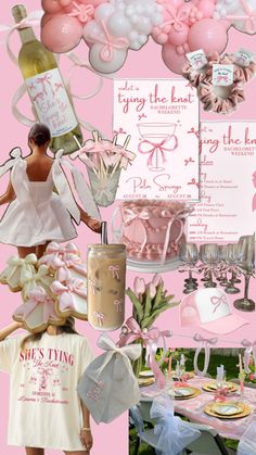 a collage of pink and white items including balloons, paper plates, napkins, wine bottles