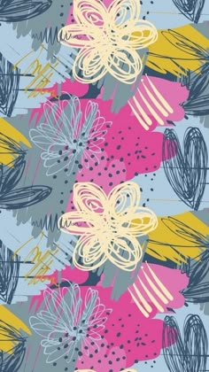 an abstract floral pattern with blue, yellow and pink flowers on a gray background photo