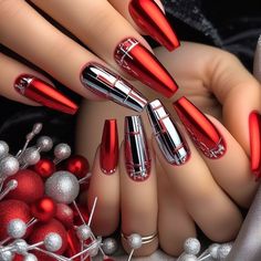 Silver And Red Nail Designs, Nail Art With Chrome, Glamgoth Nails, Nails Snowflakes, Red And Silver Nails, Red Chrome Nails, Doing Nails, Toenail Art, Nail Designs Ideas