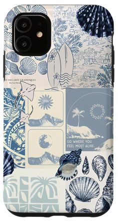 an iphone case with blue and white designs on it, including shells, palm trees, and