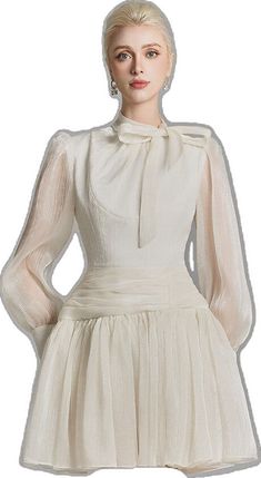 Summer Evening Dresses With Tie Neck, Formal White Chiffon Mini Dress, Elegant White Chiffon Mini Dress, White Pleated Silk Dress, Elegant Long Sleeve Chiffon Mini Dress, White Silk Pleated Dress, Elegant Mini Dress With Tie Neck, Chic Evening Dresses With Tie Neck, Elegant Silk Mini Dress With Ruffle Hem