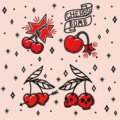 the cherry bomb stickers are on top of each other, with stars and arrows above them