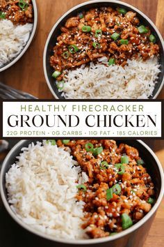 three pans filled with ground chicken and rice on top of a wooden table in front of